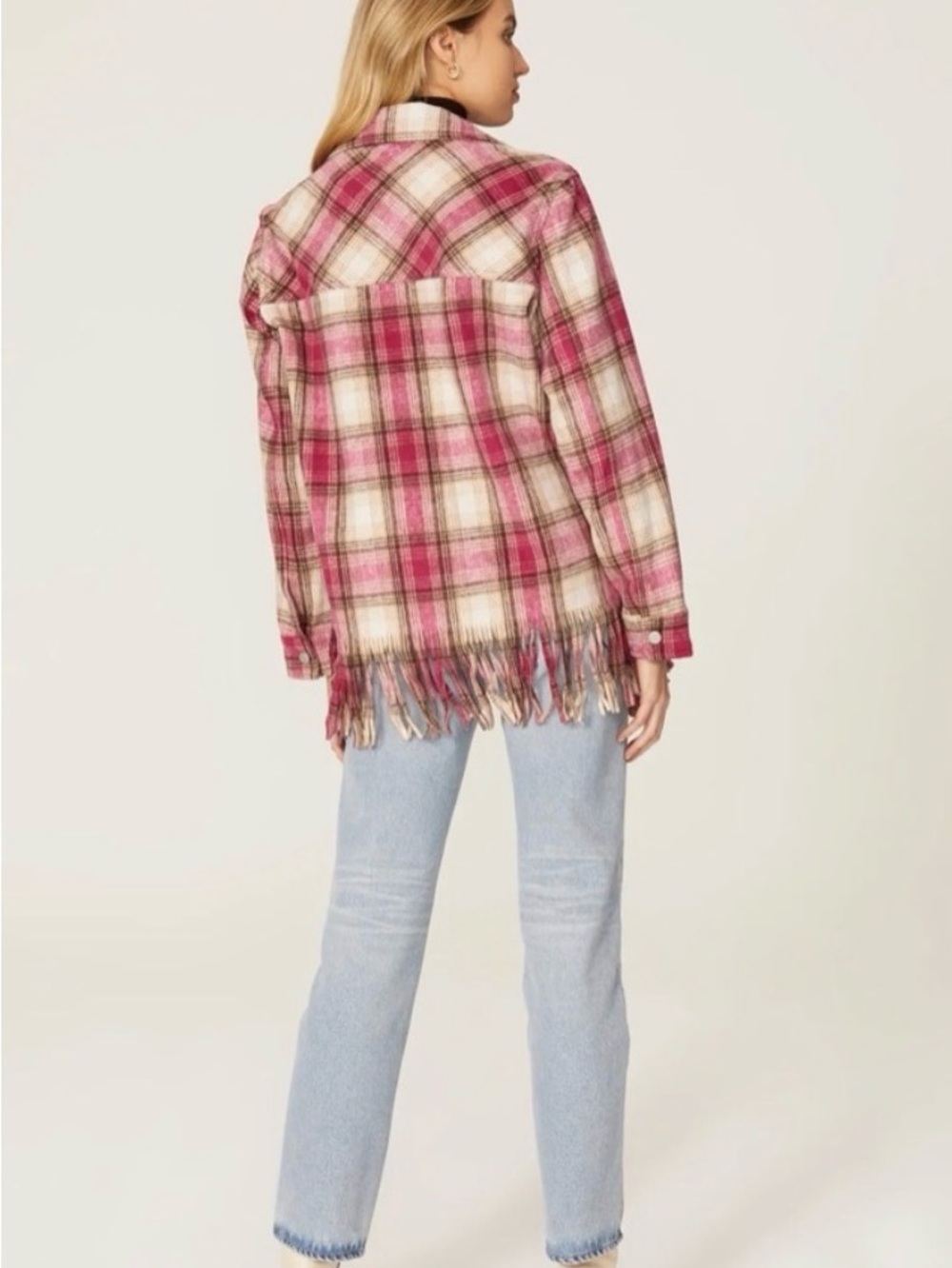 New! BLANK NYC Woodstock Pink Plaid Fringe Detail Shacket Sz Small - Picture 3 of 14